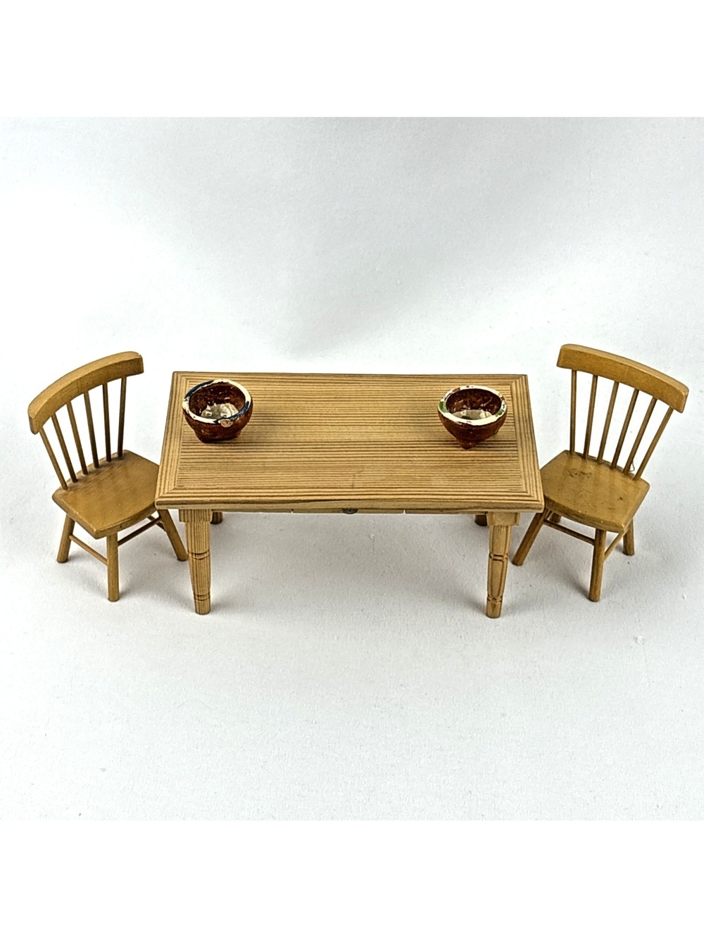 Vintage Dollhouse Miniature Wooden Kitchen Table Chairs Bowls Set 1:12 Scale